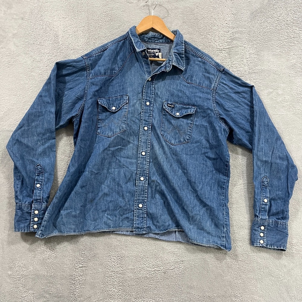 Vintage Wrangler Western Pearl Snap Shirt Blue Extra Long Tails 18x36 Cowboy USA